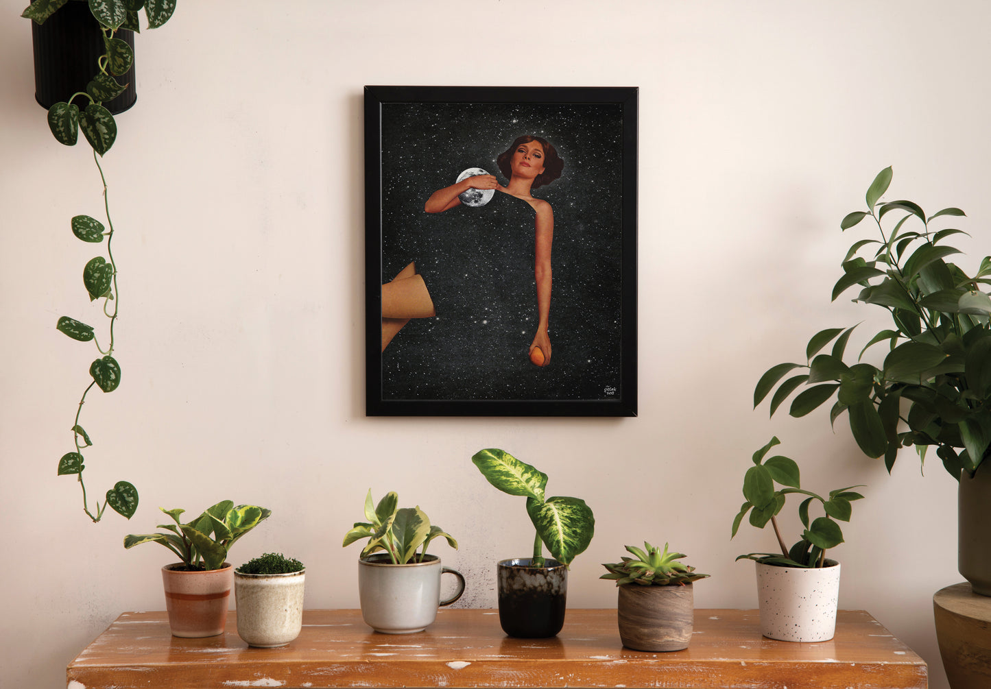 Lady With Moons - Vintage Collage Art Print